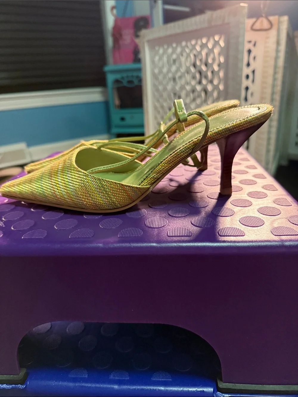 A. Marinelli Yellow-Green Woven Pointed-Toe Slingback Heels